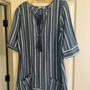 Dylan Blue and White Striped Tassel Tunic